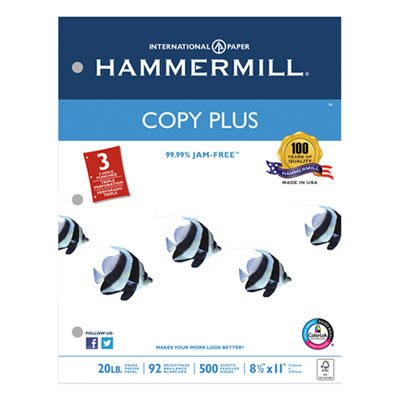 Hammermill Copy Plus Copy Paper, 3-Hole Punch, 92 Brightness, 20lb, Ltr, White, 500 Shts/Rm HAM105031