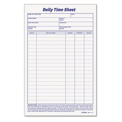 Tops Daily Time and Job Sheets, 8 1/2 x 5 1/2, 100/Pad, 2/Pack TOP30041