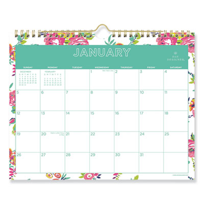 Blue Sky BLS103629 Day Designer Wirebound Wall Calendar, 11 x 8.75, White Floral, 2021 BLS103629