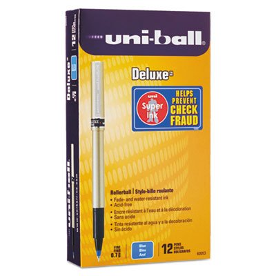 Uni-Ball Deluxe Roller Ball Stick Waterproof Pen, Blue Ink, Fine, Dozen SAN60053