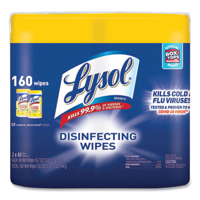 LYSOL Brand 19200-80296 Disinfecting Wipes, 7 x 7.25, Lemon and Lime Blossom, 80 Wipes/Canister, 2 Canisters/Pack