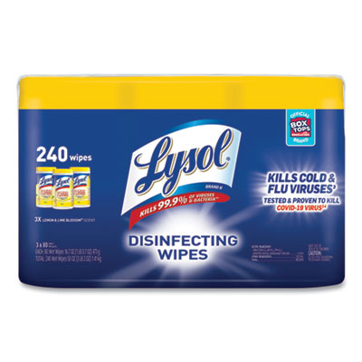 LYSOL Brand 19200-84251 Disinfecting Wipes, 7 x 7.25, Lemon and Lime Blossom, 80 Wipes/Canister, 3 Canisters/Pack
