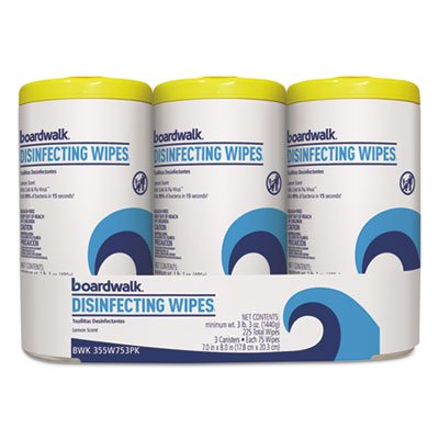 BWK 355-W753PK Disinfecting Wipes, 8 x 7, Lemon Scent, 75/Canister, 3 Canisters/Pack, 4/Pks/Ct BWK355W753CT