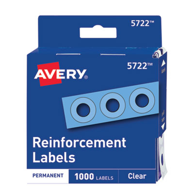 Avery Dispenser Pack Hole Reinforcements, 1/4" Dia, Clear, 1000/Pack, (5722) AVE05722