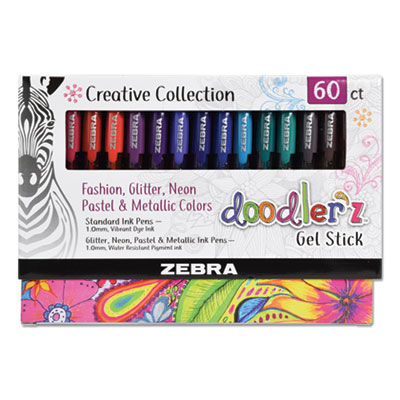 Zebra Doodler'z Gel Stick Pen, Bold 1 mm, Assorted Ink, Assorted Barrels, 60/Pack ZEB41960