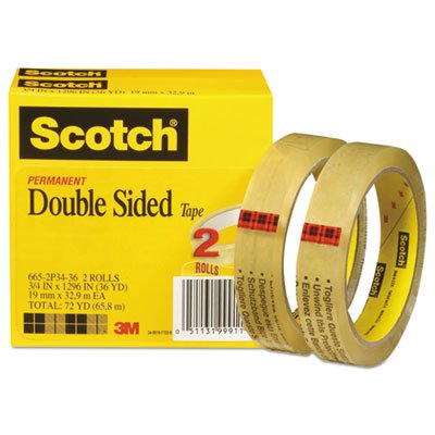 Scotch Double-Sided Tape, 3/4" x 1296", 3" Core, Transparent, 2/Pack MMM6652P3436