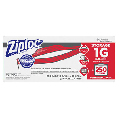 Ziploc Double Zipper Storage Bags, 1 gal, 1.75 mil, 10.56" x 10.75", Clear, 250/Box SJN682257