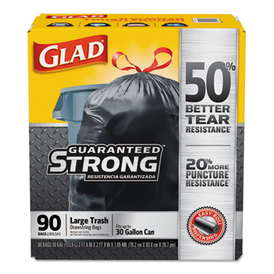 Glad Drawstring Large Trash Bags, 30 gal, 1.05 mil, 30" x 33", Black, 90/Carton CLO78952