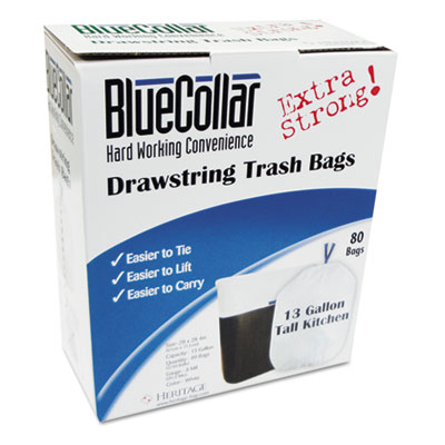 BlueCollar N4828EW RC1 Drawstring Trash Bags, 13 gal, 0.8 mil, 24" x 28", White, 80/Box HERN4828EWRC1
