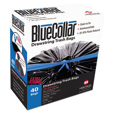BlueCollar N6034YK RC1 Drawstring Trash Bags, 30 gal, 1 mil, 30" x 34", Black, 40/Box HERN6034YKRC1