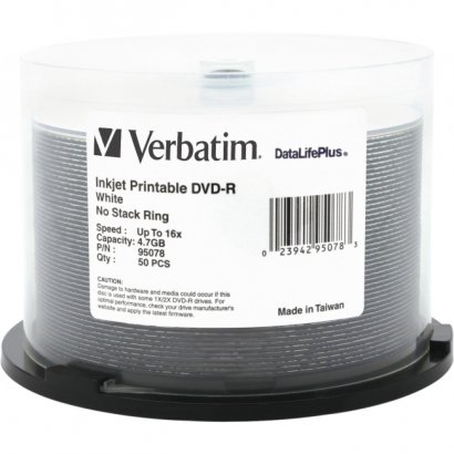 Verbatim DVD-R 4.7GB 16x DataLifePlus White Inkjet Printable 50pk Spindle 95078