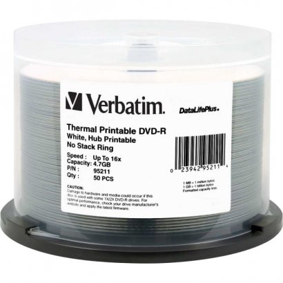 Verbatim DVD-R 4.7GB 16x DataLifePlus White ThermalHub Printable 50pk Spindle 95211