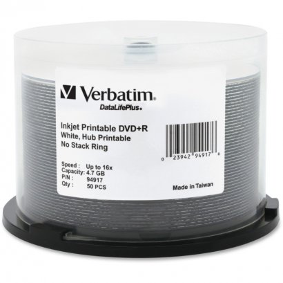 Verbatim DVD+R 4.7GB 16x DataLifePlus White Inkjet Hub Printable 50pk Spindle 94917