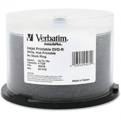 Verbatim DVD-R 4.7GB 16x DataLifePlus White Inkjet Hub Printable 50pk Spindle 95079