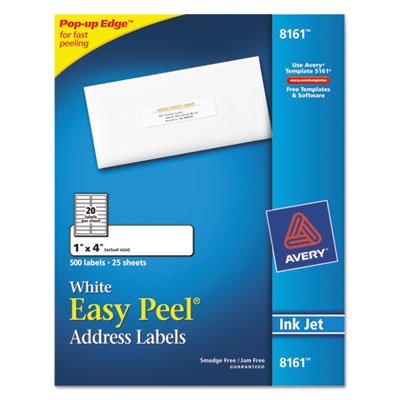 Avery Easy Peel Inkjet Address Labels, 1 x 4, White, 500/Pack AVE8161