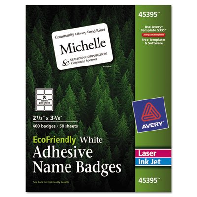 Avery EcoFriendly Adhesive Name Badge Labels, 2 1/3 x 3 3/8, White, 400/Box AVE45395
