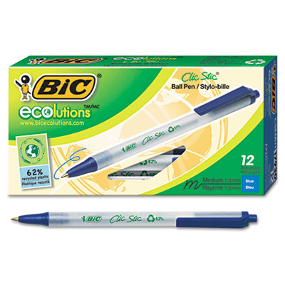 BIC CSEM11-BE Ecolutions Clic Stic Retractable Ballpoint Pen, 1mm, Blue Ink, Clear Barrel, Dozen BICCSEM11BE