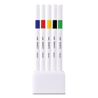 Uni-Ball EMOTT Porous Point Pens, Fine 0.4 mm, Assorted Ink, White Barrel, 5/Set UBC24828