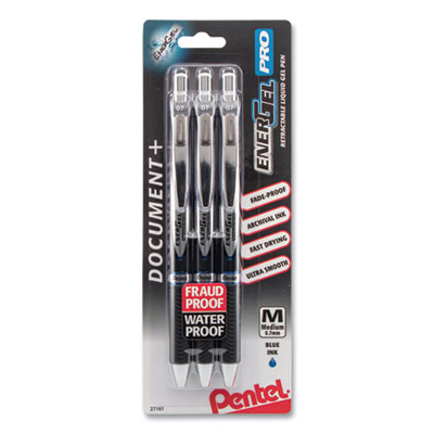 Pentel EnerGel PRO Retractable Gel Pen, Medium 0.7mm, Blue Ink, Black Barrel, 3/Pack PENBLP77BP3C