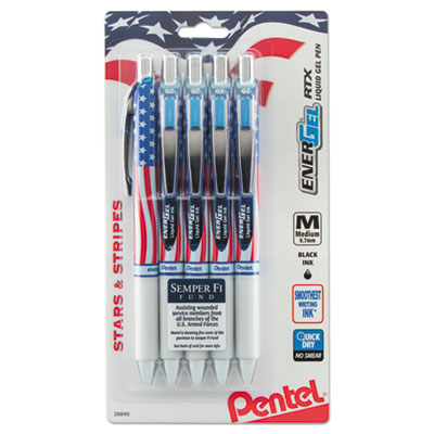 Pentel EnerGel RTX Retractable Gel Pen, 0.7 mm, Black Ink, Red/White/Blue Barrel, 5/Pack PENBL77USABP5A