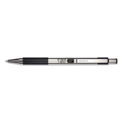 Zebra F-301 Retractable Ballpoint Pen, 1.6 mm, Black Ink, Stainless Steel/Black Barrel, Dozen ZEB27310