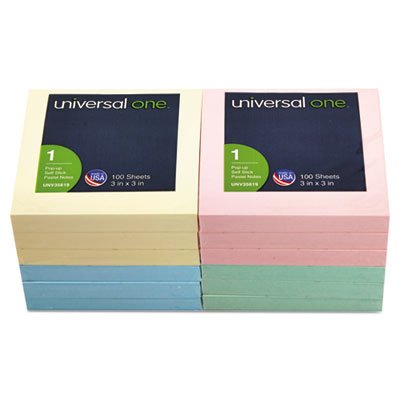 UNV35619 Fan-Folded Pop-Up Notes, 3 x 3, 4 Assorted Pastel Colors, 100-Sheet, 12/Pack UNV35619