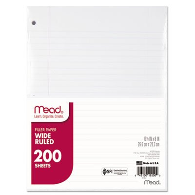 Mead Filler Paper, 15lb, Wide Rule, 3 Hole, 10 1/2 x 8, 200 Sheets MEA15200