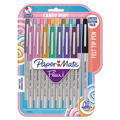 Paper Mate Flair Felt Tip Stick Porous Point Pen, Extra-Fine 0.4 mm, Assorted Colors Ink, Gray Barrel, 16