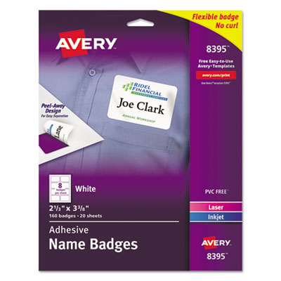 Avery Flexible Self-Adhesive Laser/Inkjet Name Badge Labels, 2 1/3 x 3 3/8, WE, 160/PK AVE8395