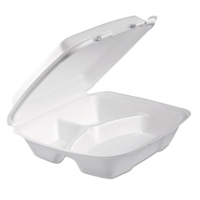 DCC 90HTPF3R Foam Hinged Lid Container, 3-Comp, 9 x 9 2/5 x 3, White, 100/Bag, 2 Bag