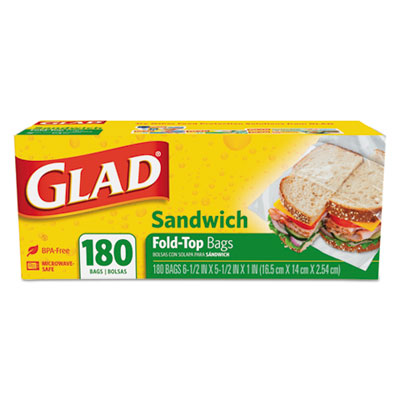 Glad Fold-Top Sandwich Bags, 6.5" x 5.5", Clear, 180/Box, 12 Boxes/Carton CLO60771