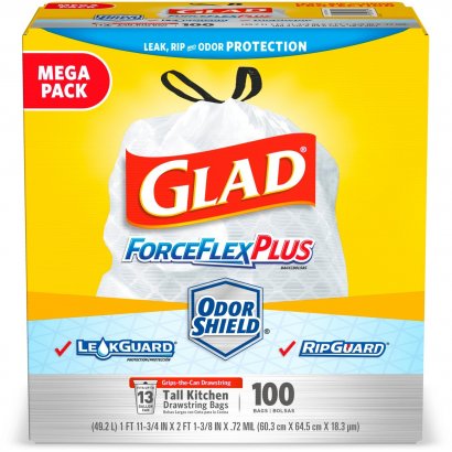 Glad ForceFlexPlus Tall Kitchen Drawstring CloroxPro Trash Bags 70427BD