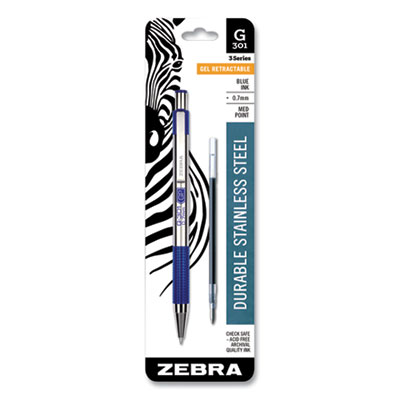 Zebra G-301 Retractable Gel Pen, Medium 0.7 mm, Blue Ink, Stainless Steel/Blue Barrel ZEB41321