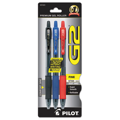 Pilot G2 Premium Retractable Gel Pen, 0.7 mm, Assorted Ink, Smoke Barrel, 3/Pack PIL31023