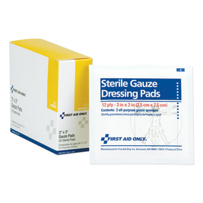 First Aid Only I211 Gauze Dressing Pads, 3" x 3", 10/Box FAOI211