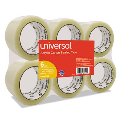 UNV63120 General-Purpose Acrylic Box Sealing Tape, 48mm x 100m, 3" Core, Clear, 6/Pack UNV63120
