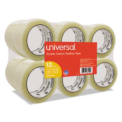 UNV66100 General-Purpose Acrylic Box Sealing Tape, 48mm x 100m, 3" Core, Clear, 12/Pack UNV66100