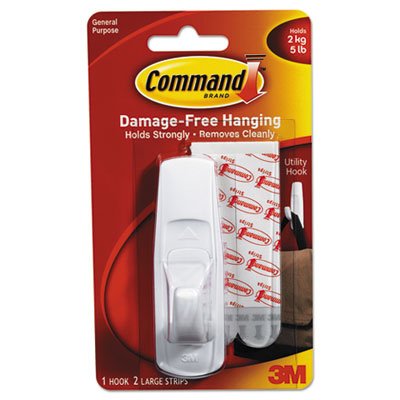 Command General Purpose Hooks, 5lb Capacity, Plastic, White, 1 Hook & 2 Strips/Pack MMM17003