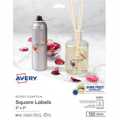 Avery Glossy Clear Square Labels, Sure Feed, 2" x 2" , 120 Labels 22853