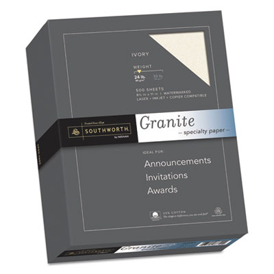 Southworth Granite Specialty Paper, Ivory, 24lb, 8 1/2 x 11, 25% Cotton, 500 Sheets SOU934C