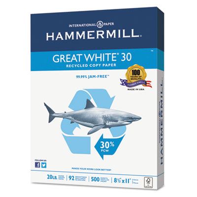 Hammermill Great White 30 Recycled Print Paper, 92 Bright, 20lb, 8.5 x 11, White, 500 Sheets/Ream, 5 Reams