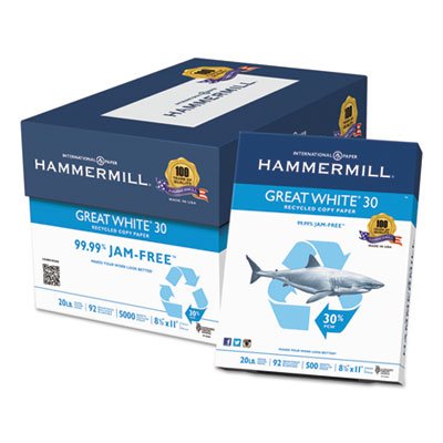 Hammermill Great White Recycled Copy Paper, 92 Brightness, 20lb, 8-1/2 x 11, 5000 Shts/Ctn HAM86700