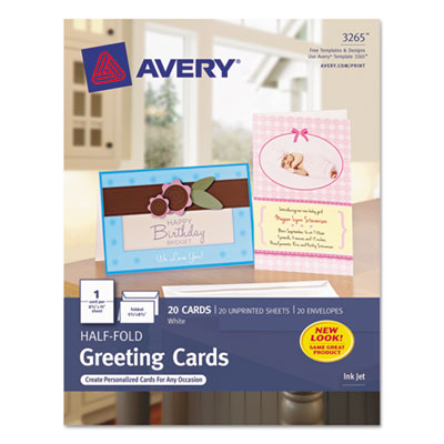 Avery Half-Fold Greeting Cards, Inkjet, 5 1/2 x 8.5, Matte White, 20/Box w/Envelopes AVE3265
