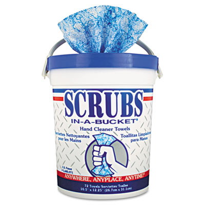 SCRUBS 42272 Hand Cleaner Towels, Cloth, 10 x 12, Blue/White, 72/Bucket ITW42272EA