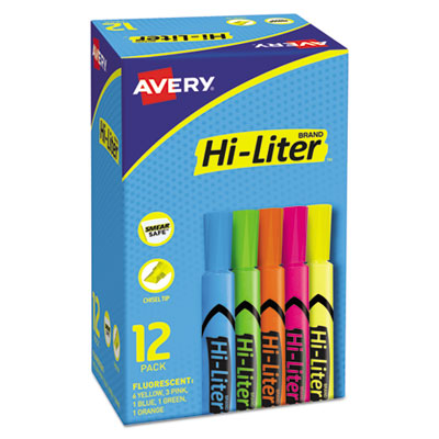 Avery HI-LITER Desk-Style Highlighters, Chisel Tip, Assorted Colors, Dozen AVE98034