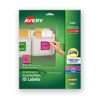 Avery High-Vis Removable Laser/Inkjet ID Labels w/ Sure Feed, 3 1/3 x 4, Neon, 72/PK AVE6482