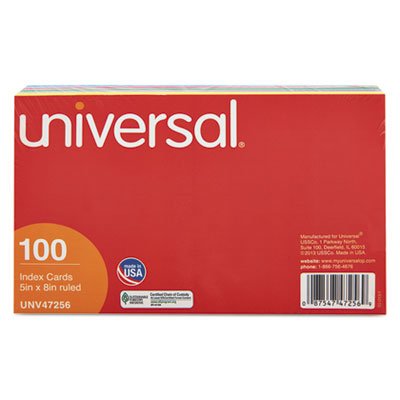 UNV47256 Index Cards, 5 x 8, Blue/Salmon/Green/Cherry/Canary, 100/Pack UNV47256