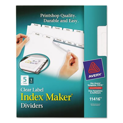 Avery Index Maker Print & Apply Clear Label Dividers w/White Tabs, 5-Tab, Letter AVE11416