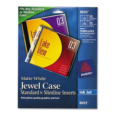 Avery Inkjet CD/DVD Jewel Case Inserts, Matte White, 20/Pack AVE8693