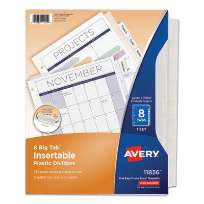 Avery Insertable Big Tab Plastic Dividers, 8-Tab, 11 x 8.5, Clear, 1 Set AVE11836
